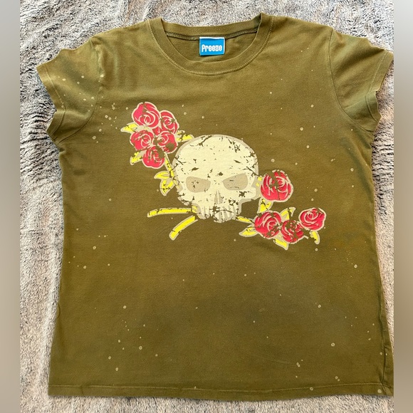 Moss Green Skull & Roses Tee - Picture 1 of 4